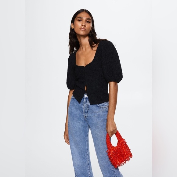 NWT MNG Mango Black Textured Puff Sleeve Top sz Xs - Picture 4 of 13